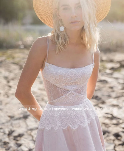 #1247 Spaghetti Straps Soft Lace Sleeveless Sweep Train A-Line Bohemian Beach Backless Wedding Dress Bridal Gowns Evening Dress