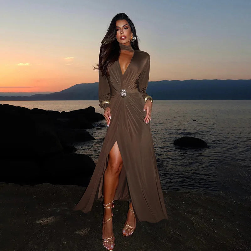 Cross-border Fashion Deep V High Split New Long Dress Pleated Design Sense Celeb Dress Dress