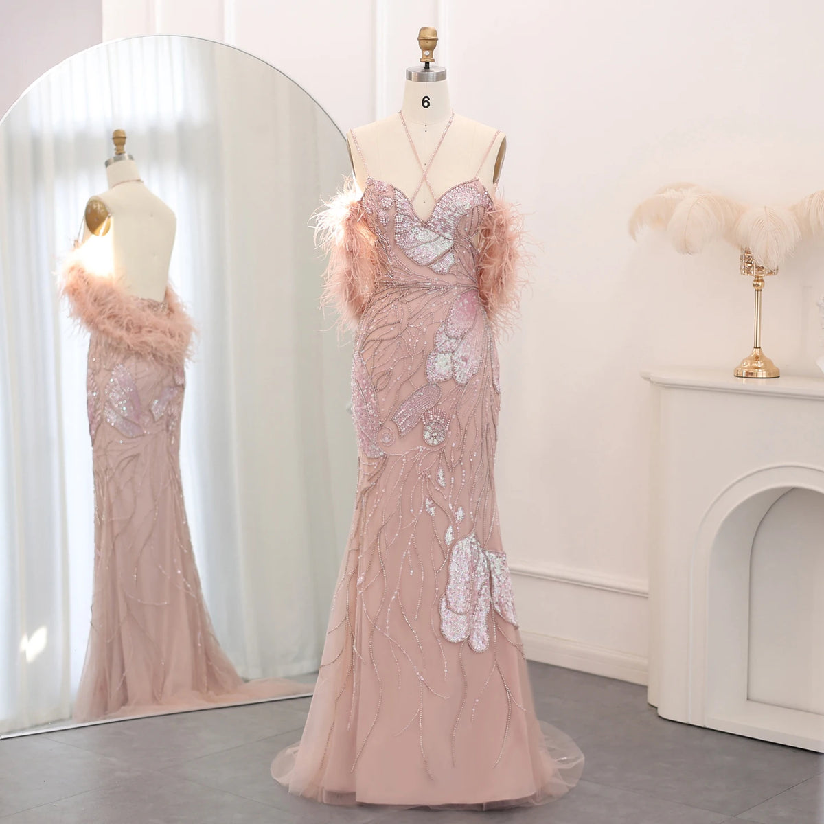 Sharon Said SS478 Luxury Spaghetti Straps Mermaid Pink Evening Dresses With Feathers Scarf Wedding Dress Pink Ready to Ship