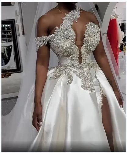 S3843F    Drop  Shipping  2025High Quality Hot Sale Satin Sexy Split Wedding Dress Bridal Gowns