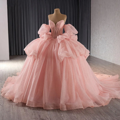 Glitter Pearls Pink Quinceanera Dresses Puff Sleeves Ball Gowns Sweet 15 16 Birthday Dress Rsm241101