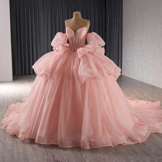 Glitter Pearls Pink Quinceanera Dresses Puff Sleeves Ball Gowns Sweet 15 16 Birthday Dress Rsm241101