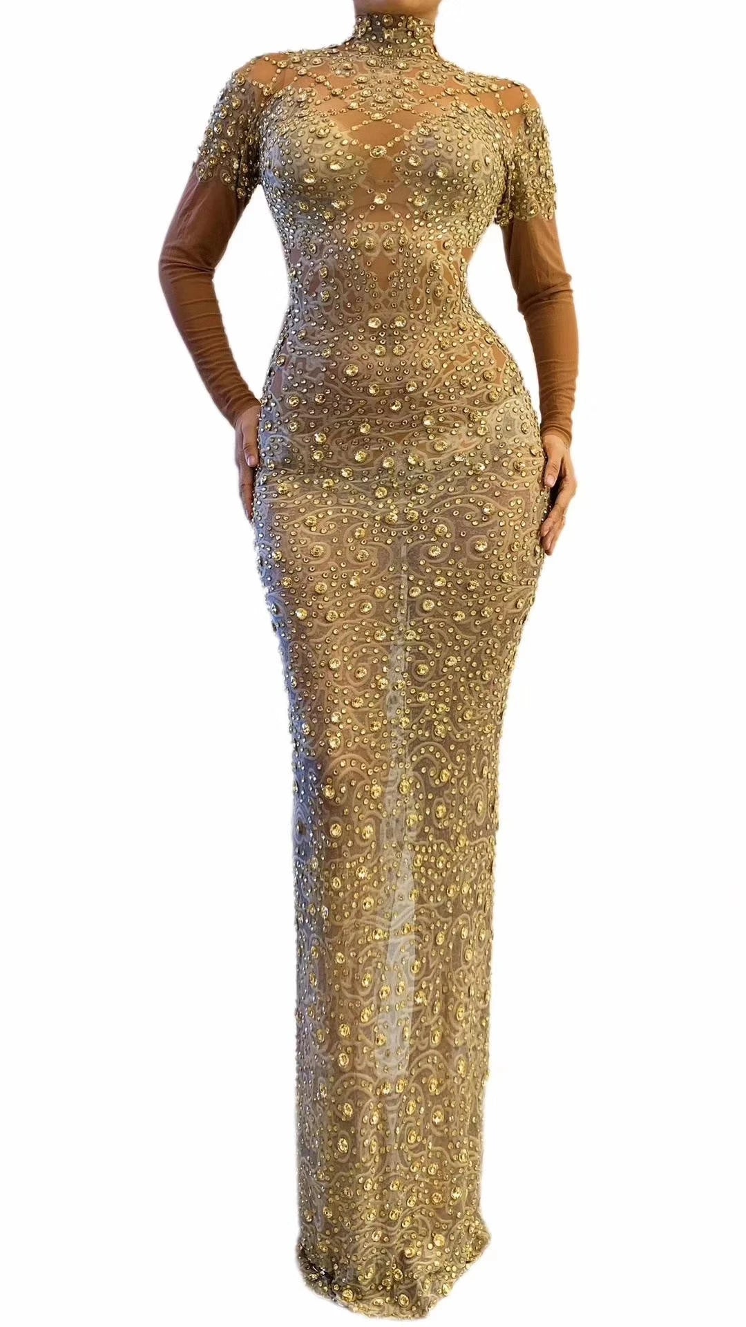 Luxury Perspective Mesh Gold Crystal Night Prom Long Dress Women Bodycon Birthday Wedding Party Dress Ladies Sexy Evening Gown