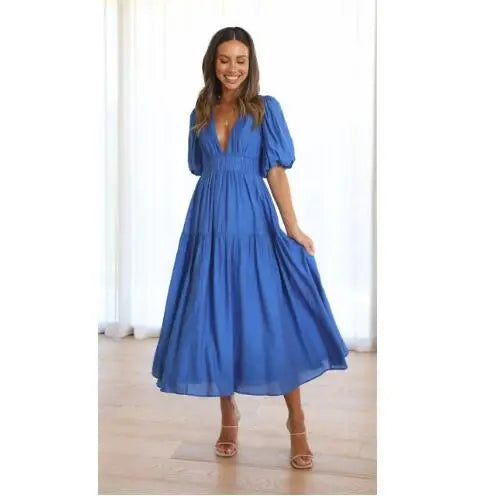 Women 2024 Puff Sleeve Deep V Neck Long Dresses Summer for Woman Sexy Green Women's Dress Summer Royal Blue
