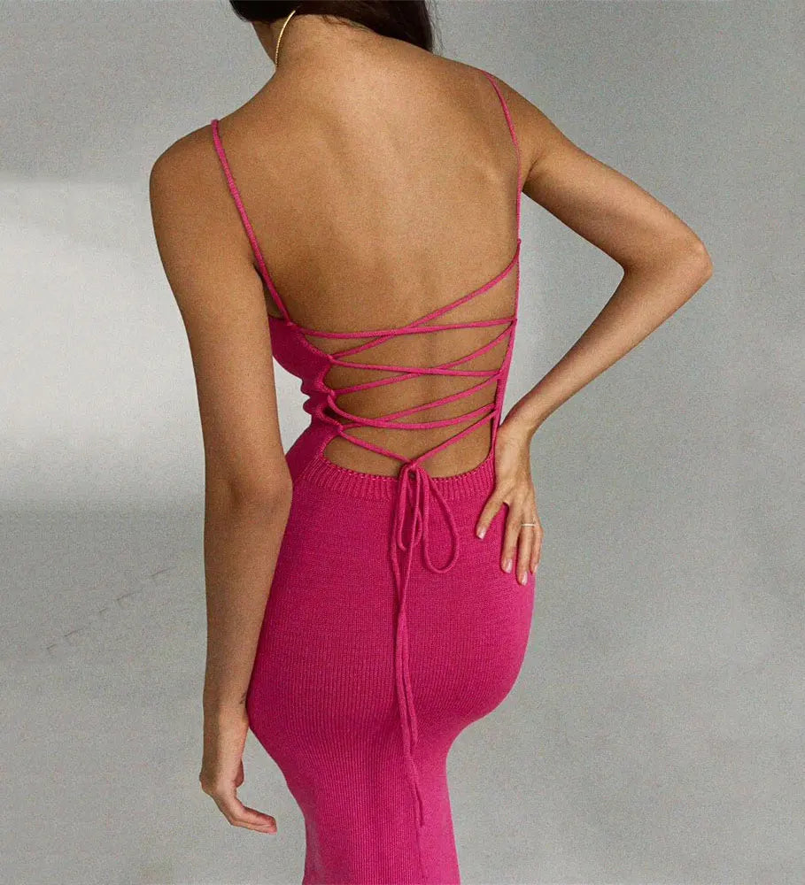 Sexy Backless Bandage Knitted Dress Elegant Outfits for Women Sleeveless Birthday Club Party Bodycon Long Dresses