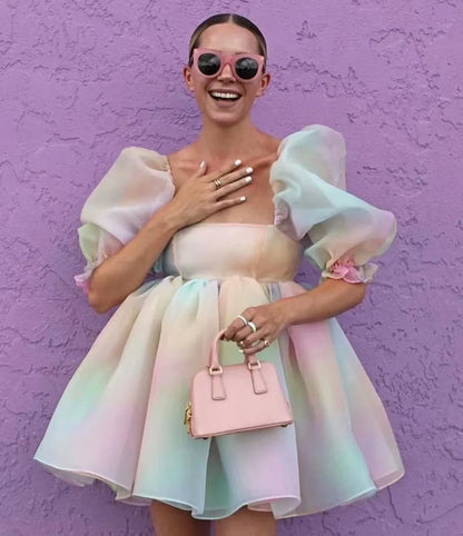 Short Puff Sleeve Cute Style Women Girls Dress Square Neck Low Cut High Waist Tulle Tutu Ball Gown Mini Dresses