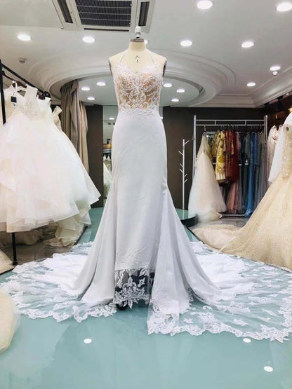 6264# Real Photos Spaghetti Strap Sleeveless Mermaid Deep V-Neck Satin Lace Open Back Bridal Wedding Dress Gown