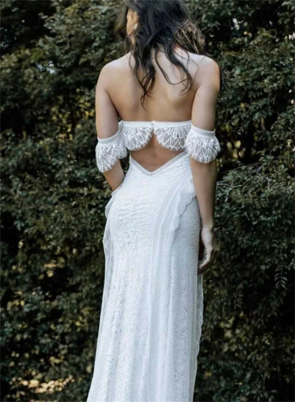 #11286 2021 Elegant Mermaid Lace Off-Shoulder Strapless Wedding Dress Open Back Rustic Bridal Photoshoot Gown