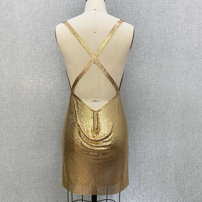 2020 Gold Chain Suspender Party Metal Mesh Dress