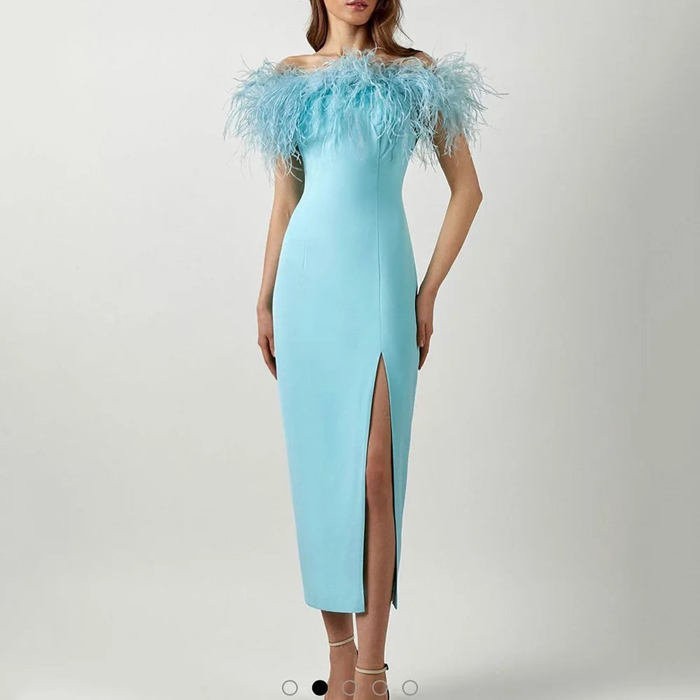 New Multicolor Simple Sleeveless Split Front Sheath Evening Dress With Feathers Prom Party Dress for Plus Size Women Custom Made
