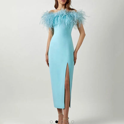 New Multicolor Simple Sleeveless Split Front Sheath Evening Dress With Feathers Prom Party Dress for Plus Size Women Custom Made