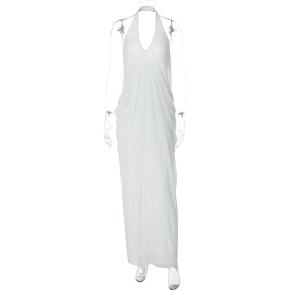 Sexy Halter Neck Backless White Mesh Casual Women Summer Maxi Dress Elegant Ladies Fashion Western Dresses 2026 New Arrivals
