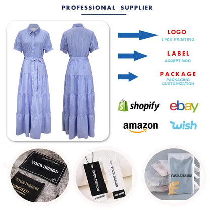 FD492 Hot Selling Summer Dresses for Women Elegant Stripe Printed Short Sleeve Loose Shirt Dress Long Maxi Ladies
