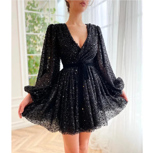 Luxury Shimmering Sequined Long Puffy Sleeves Mini Wedding Gown Birthday Party Dress for Plus Size Women Prom Evening Dress