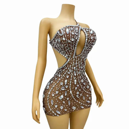 Sexy Diamond Birthday Banquet Dress Lady Cut Out Dinner Gown Women Backless Rhinestone Prom Mini Dress Night Club Party Dress