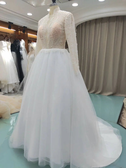 9118# High Neck Casual Beach A-Line Lace Beading Puffy  Wedding Dresses Long Sleeve  Lace Boho Wedding Dress Bridal Gown