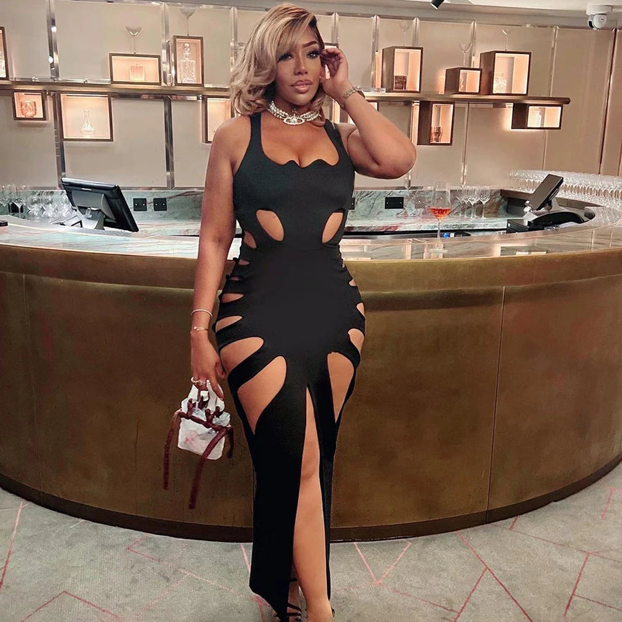 Sexy Black Slim Party Dress Side Split Skinny Hollow Out Dress Elegant Women Casual Dresses