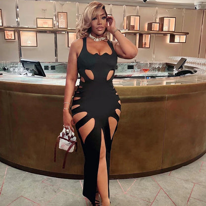 Sexy Black Slim Party Dress Side Split Skinny Hollow Out Dress Elegant Women Casual Dresses