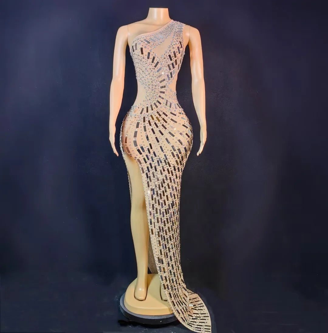 Elegant One Shoulder Rhinestone Sequins Ball Gown Ladies Dinner Banquet Party Long Dress Women Sexy High Slit Prom Evening Dress
