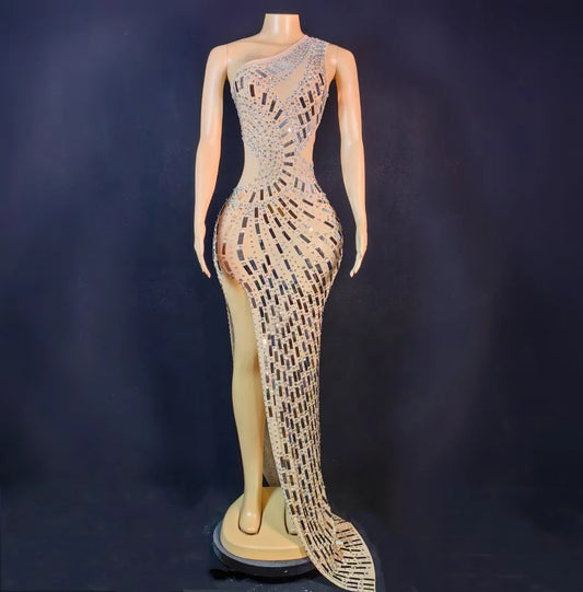 Elegant One Shoulder Rhinestone Sequins Ball Gown Ladies Dinner Banquet Party Long Dress Women Sexy High Slit Prom Evening Dress