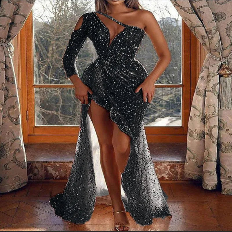 Think 2025 New Arrivals Lady Luxury Single Shoulder Elegant Dresses Women Irregular Designer Evening Teal Sequin Fashion Dress