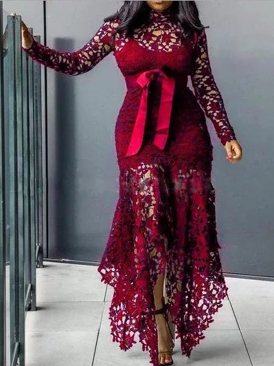 Boutique Wholesale 2025 Autumn New Fashion Stand Collar Lace Hollow Out Long Sleeved Irregular Women's Dress