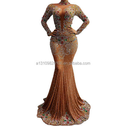 Female Elastic Mesh Feather Nude Long Sleeve Wrap Hip Dress Wedding Evening Perspective Long Dress Singer Host Catwalk Dresses