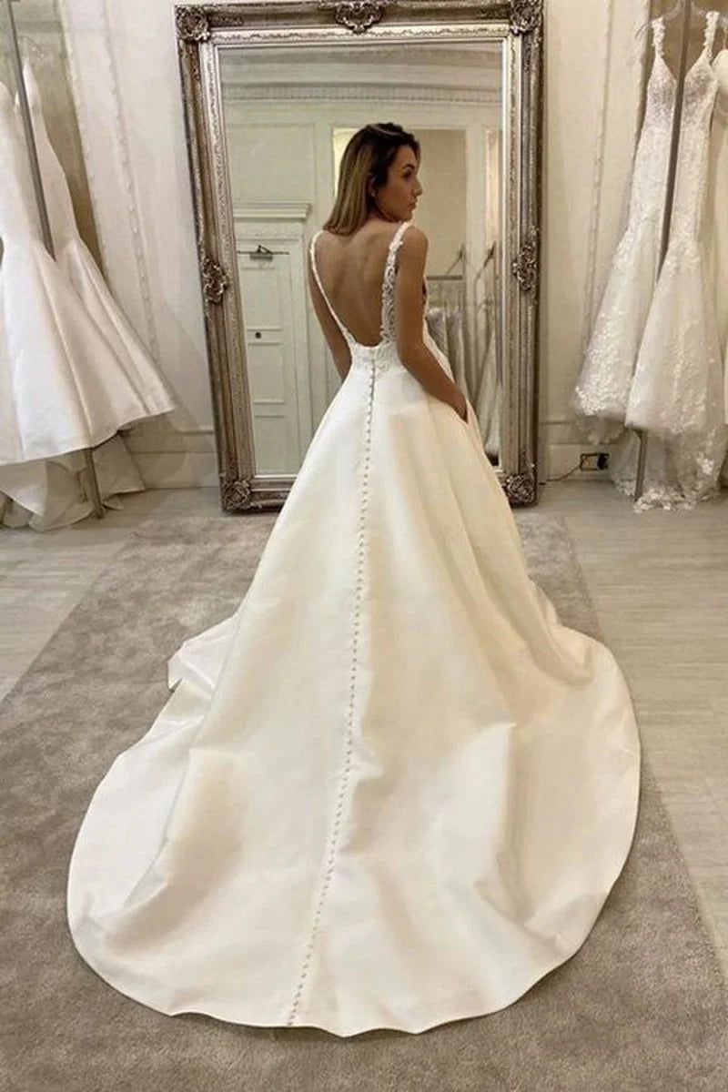 11850# Simple V Neck Classic Satin Boho Sexy Fitting Sleeveless A-Line Lace Applique Beach Wedding Dress Wedding Bridal Gown