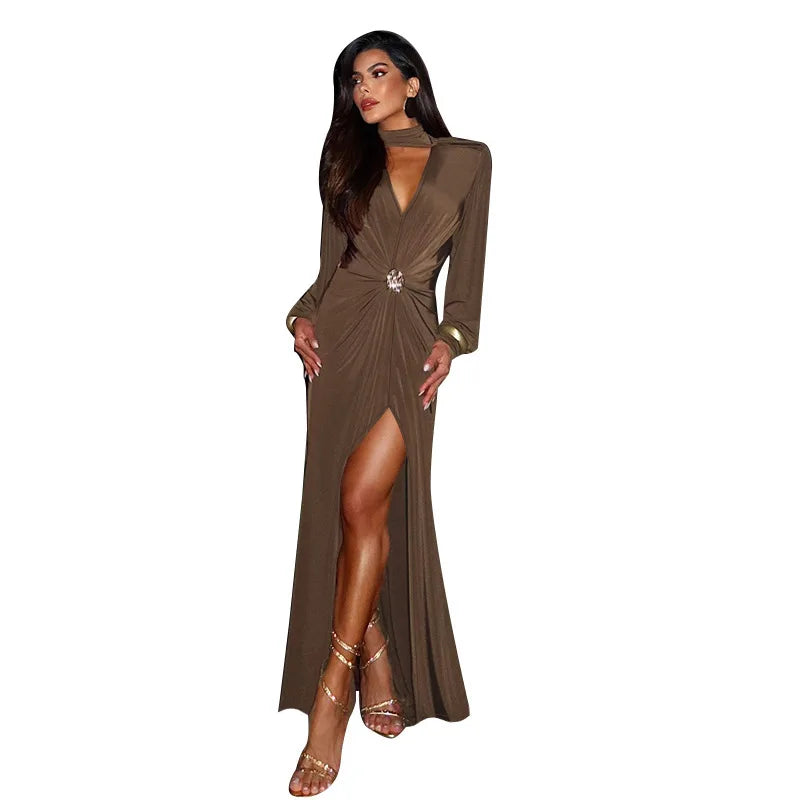 Cross-border Fashion Deep V High Split New Long Dress Pleated Design Sense Celeb Dress Dress