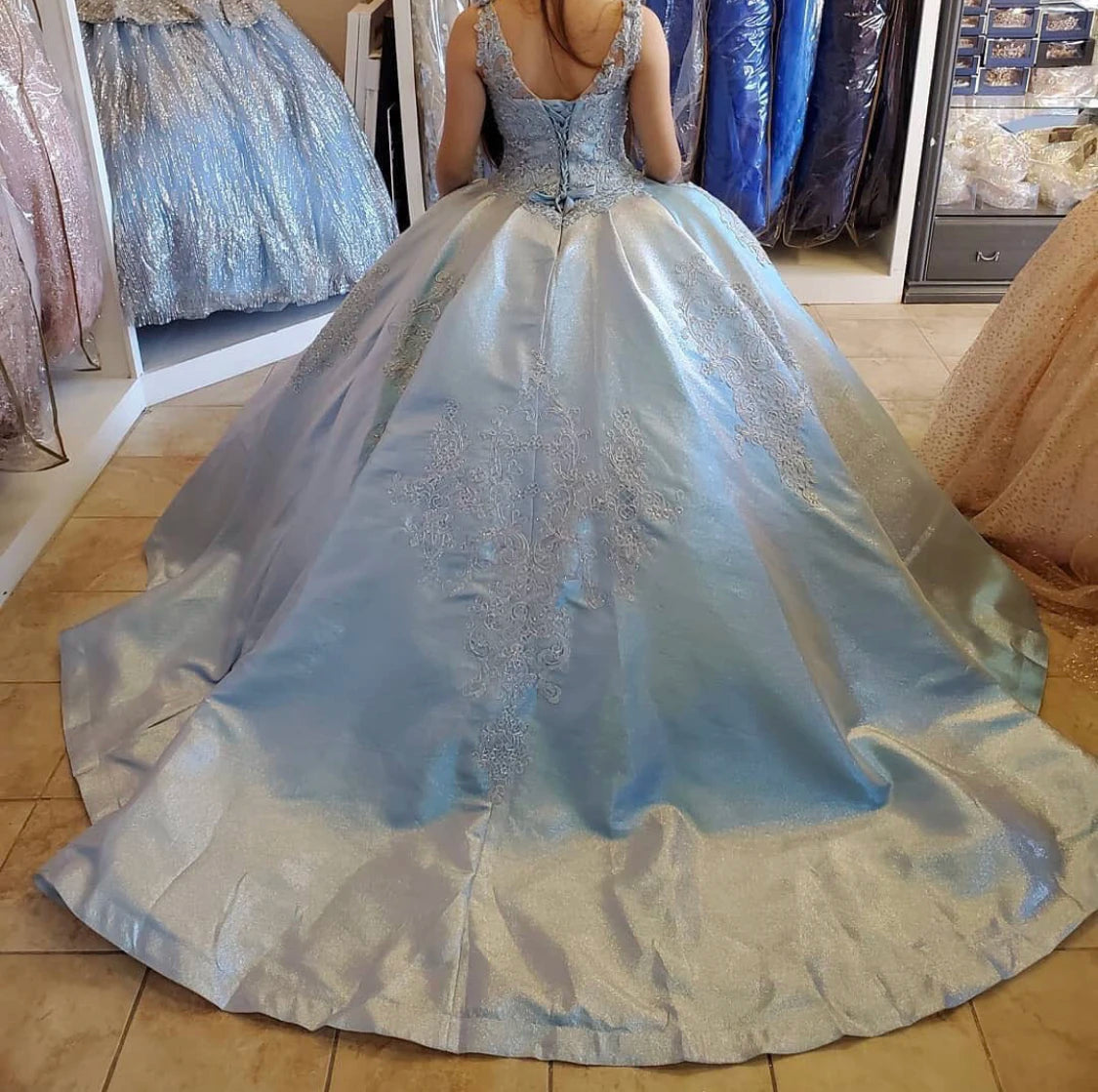 QD1522 Light Blue Quinceanera Dress 2022 V-Neck Sequins Beads Lace Backless Party Princess Sweet 16 Ball Gown