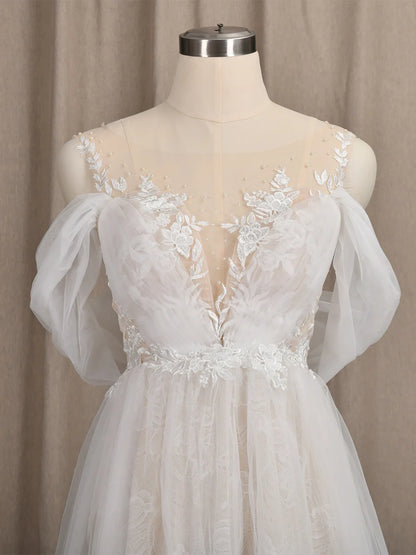 4247# Real Photos Appliques Wedding Dress O-Neck Lace Short Sleeve Illusion Straps Back A-Line Ruched Tulle  Bridal Gown