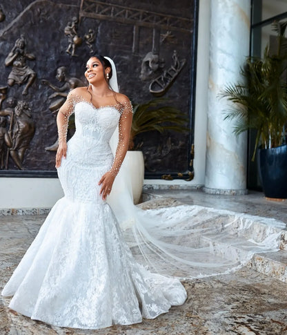 African Aso Ebi 2026 Off White Mermaid Wedding Dress Sheer Full Sleeves Beaded Pearls Vintage Elegant Bridal Gowns Dresses MW639