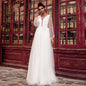 13019#Simple V-Neck Elegant A-Line Puff Long Sleeves Wedding Dress Dot Mesh Sexy Backless Floor Length Bridal Gown