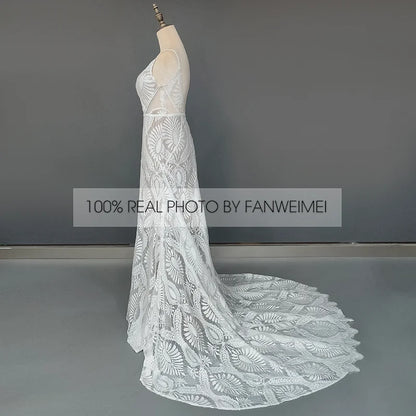 10864#Real Photos Spaghetti Straps Sleeveless V-Neck Open Back Sweep Train Lace Bohemian Boho Wedding Dress Wedding Bridal Gown