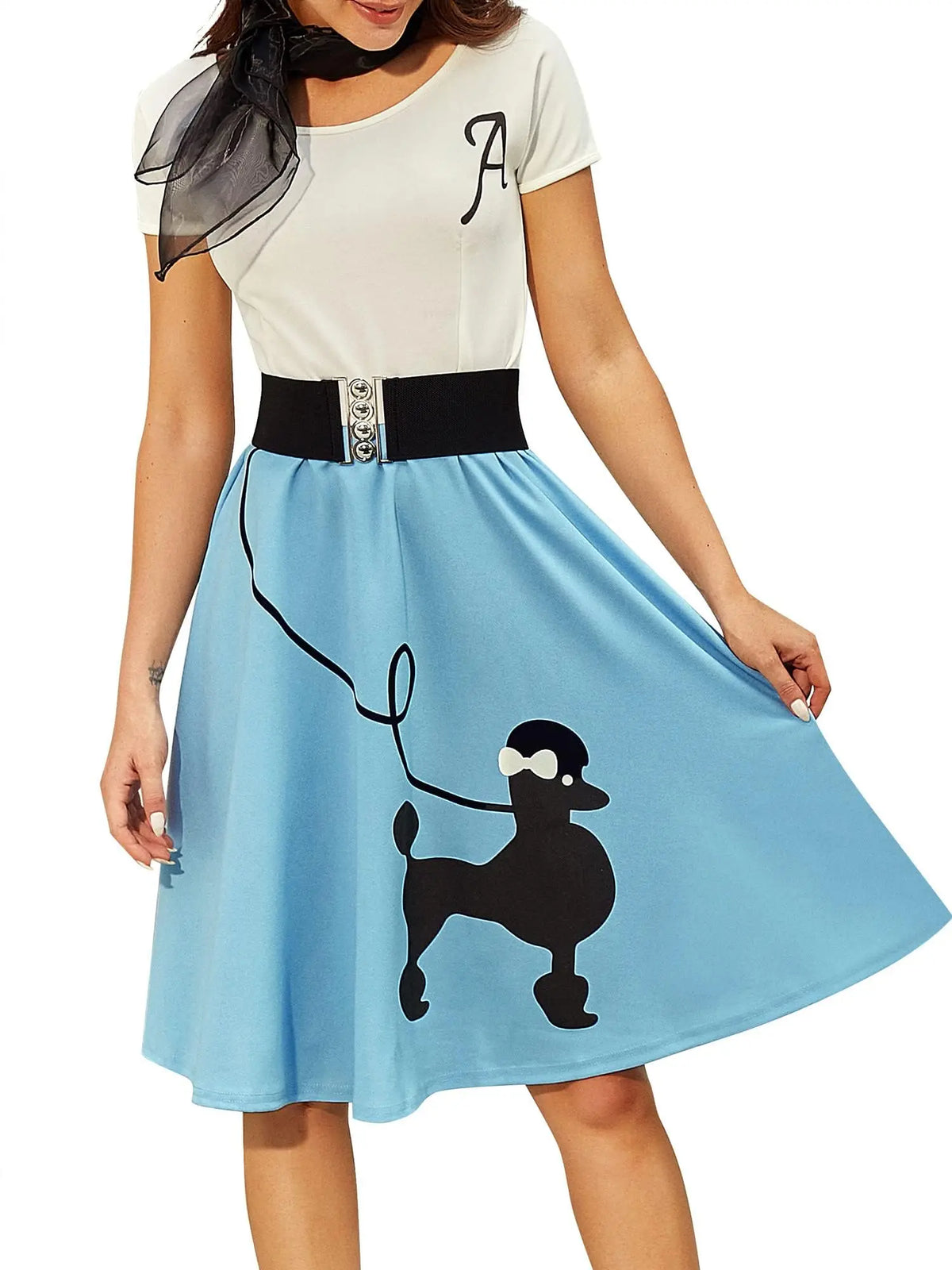 Women's Retro Poodle Print Skater Dress Vintage High Waist Rockabilly Swing Dress Chiffon for Summer Cocktail Front