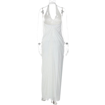 Sexy Halter Neck Backless White Mesh Casual Women Summer Maxi Dress Elegant Ladies Fashion Western Dresses 2026 New Arrivals