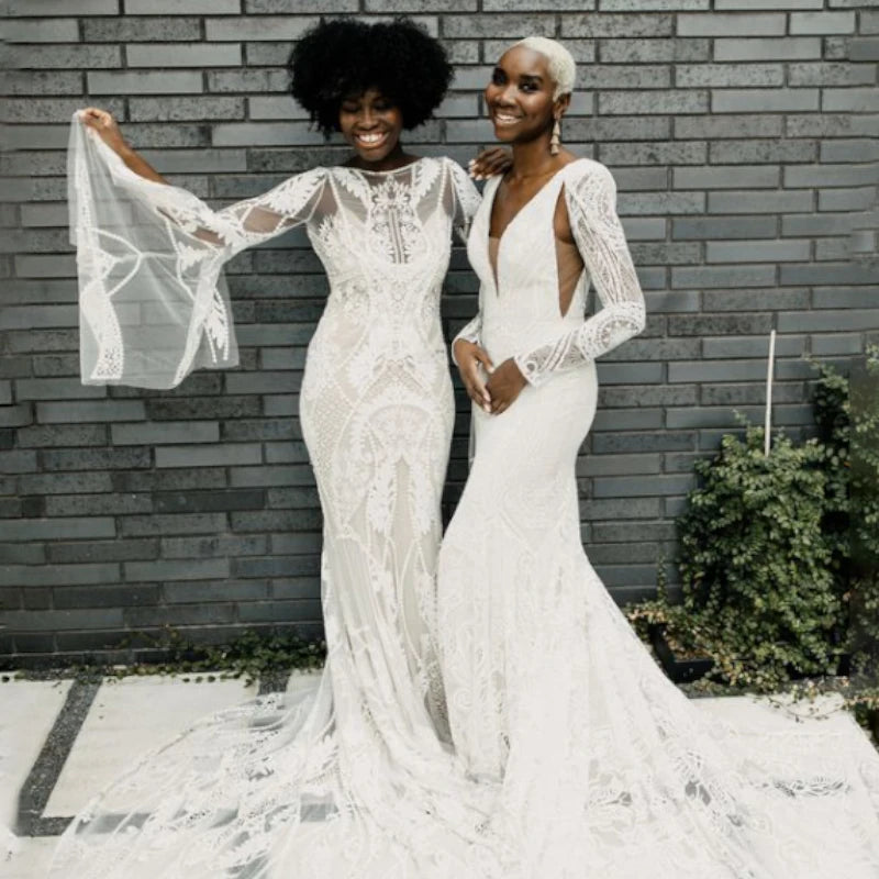 4515# Sexy Long Flare Sleeve Mermaid Wedding Dress 2022 Illusion Tulle V-Neck Appliques Bridal Gown Lace Backless Sweep Train