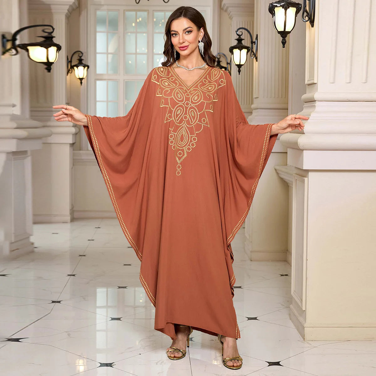 Beach Abaya in Rayon with Gold Embroidery and Batwing Sleeves for Vacation Available on for (24 Colors) L4125