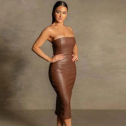 Wholesale Fashion Elegant Strapless Zipper Sexy Pu Leather Formal Midi Dresses for Ladies