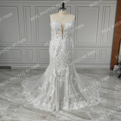 12886# Real Photos Spaghetti Straps Sweep Train Mermaid Wedding Dress Bridal Gown for Plus Size Women With Beading Sequined Lace