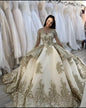 NE218 Vintage Lace Ivory With Gold Lace Long Sleeves Wedding Dress Turkey Wedding Ball Gowns Sparkly Bride Dress