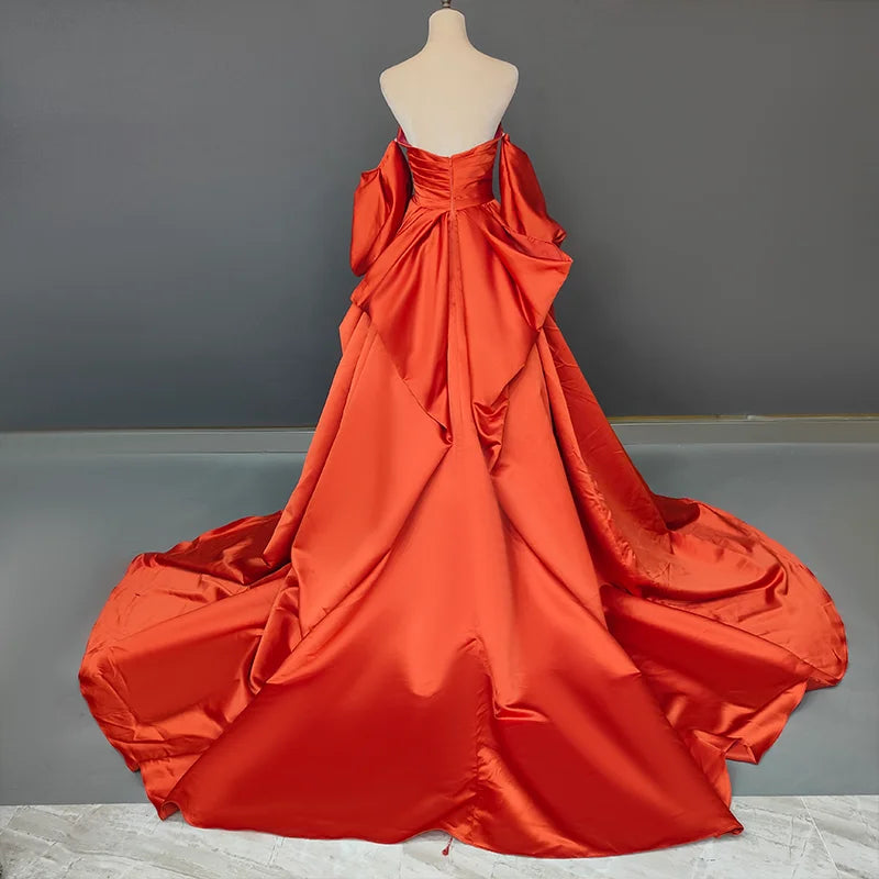 13844# Candy Color Sweep Train Off-Shoulder Boat Neck A-line Wedding Dress Modern Detachable Puff Sleeve Bow Stain Bridal Gown
