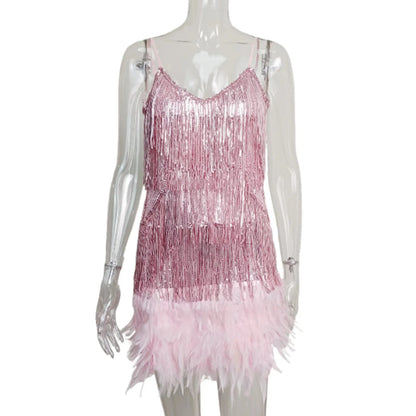 Women Lottie Teal Pink Feather Mini Dresses for Party Fashion Fringed Sequin Suspender Evening Dress