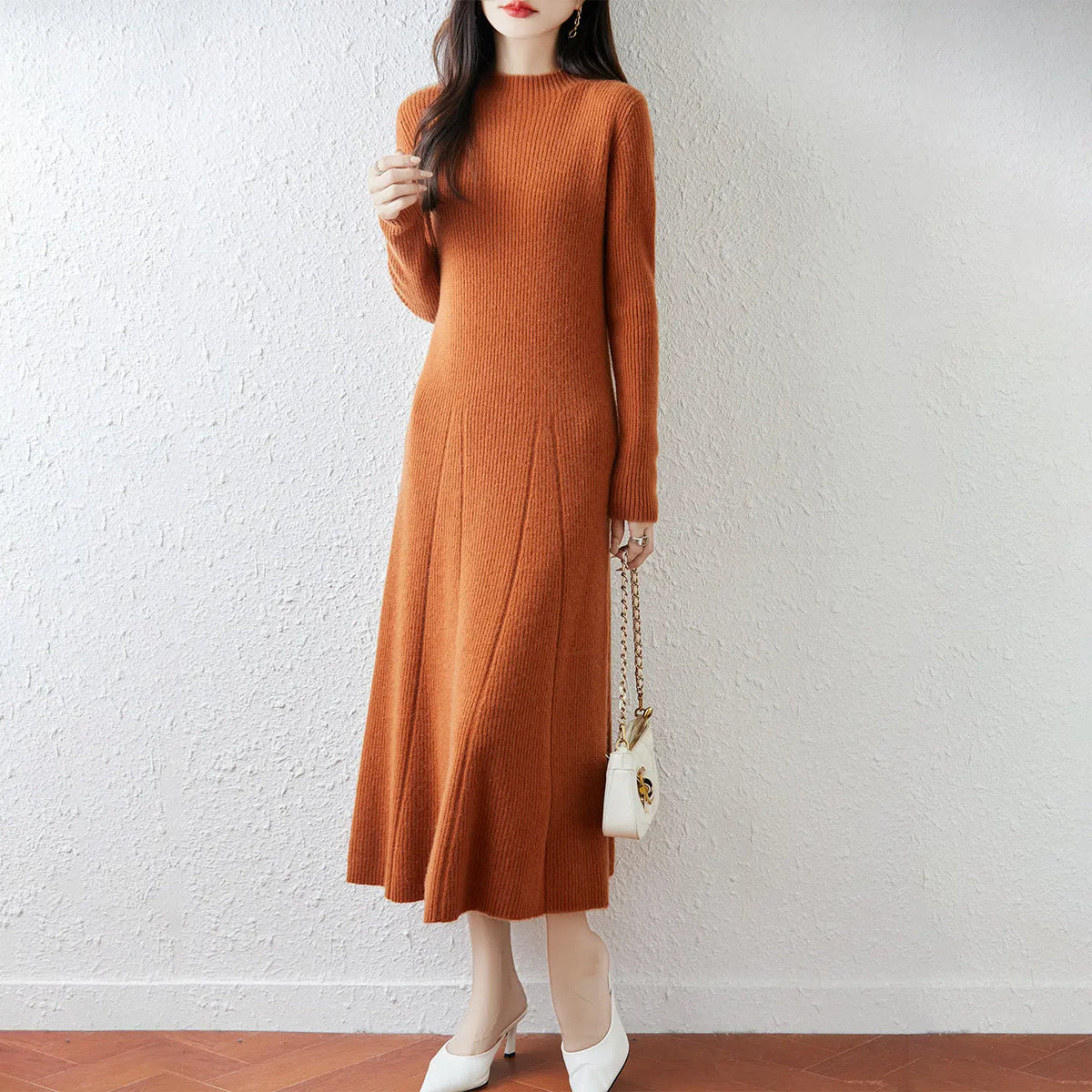 Autumn and Winter Women's Mid Length Knee Length Sweater Dress Semi High Collar Bottom A-line Knitted Dress