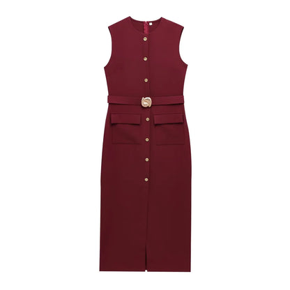 Women's new fashion split midi dress retro O-neck sleeveless women's fashion dress Vestidos Mujer