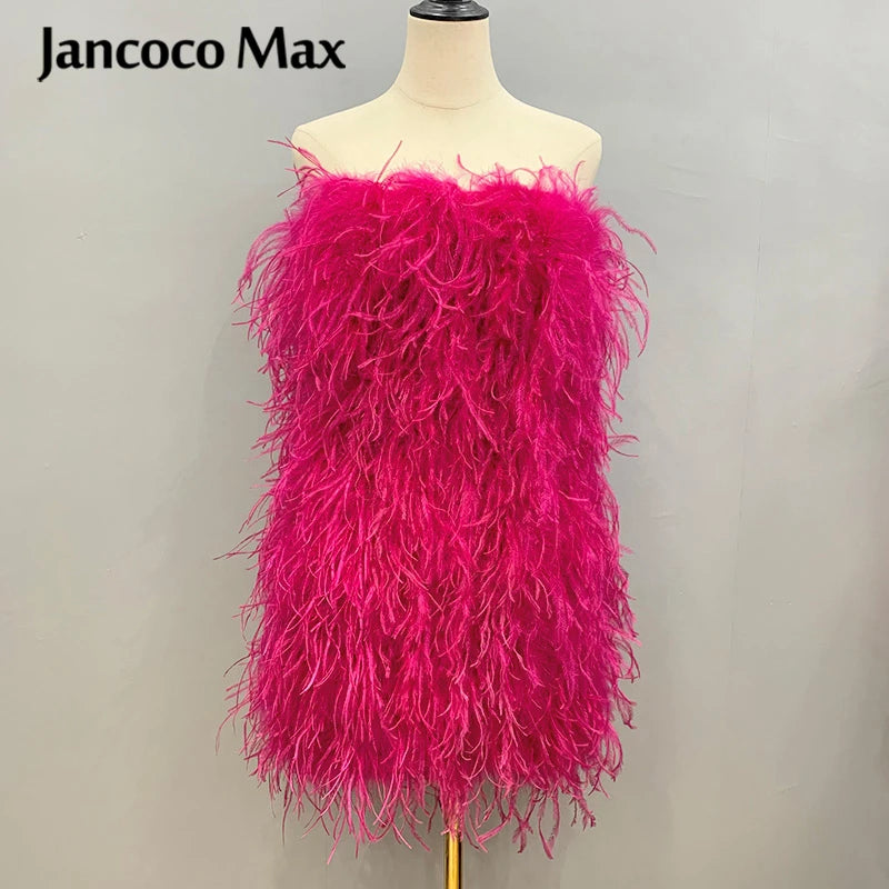 Long Pink Wrap Feather Fur Dress Party Ostrich Feather Dress for Ladies