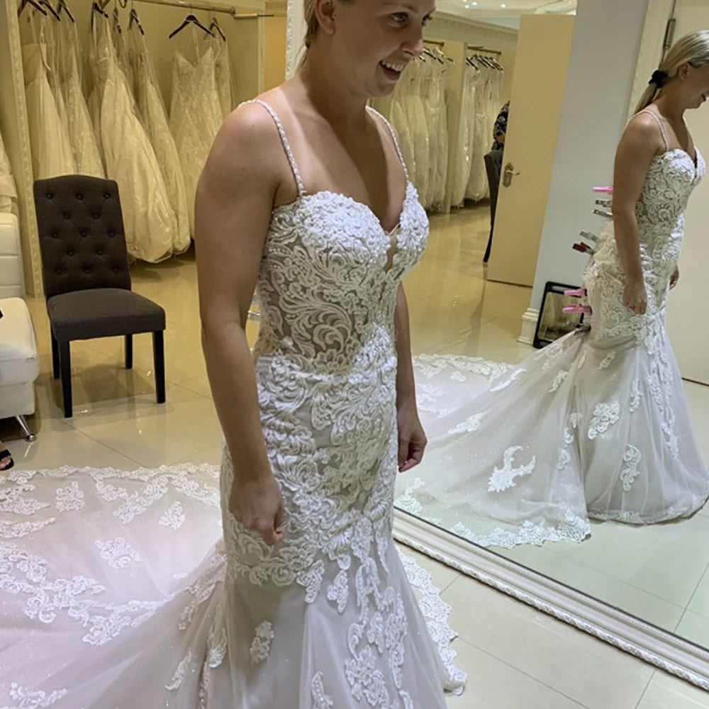 12886# Real Photos Spaghetti Straps Sweep Train Mermaid Wedding Dress Bridal Gown for Plus Size Women With Beading Sequined Lace