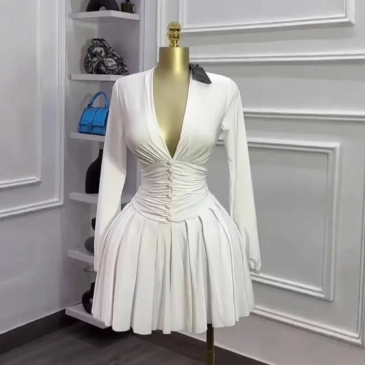 Women's Pleated V-neck Long-sleeved Dress French Style Slim Waist Knee Length Skirt