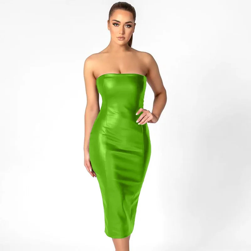 Wholesale Fashion Elegant Strapless Zipper Sexy Pu Leather Formal Midi Dresses for Ladies