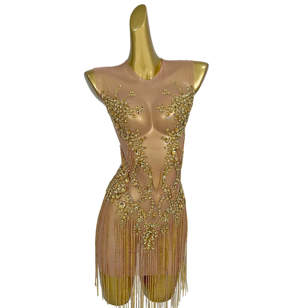 Sexy Transparent Crystal Tassel Sequin Cocktail Night Club Party Mini Dress Plus Size Dinner Gown Women Dancer Wear Prom Dress